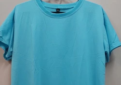 A plain sky blue T-shirt with a round neck, made from comfortable cotton spandex material, displayed on a hanger.
