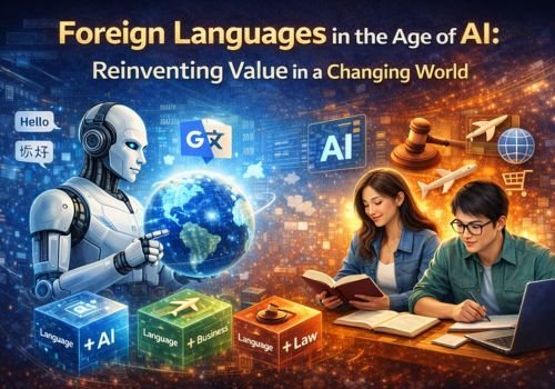 The image illustrates an article about the foreign language industry before the rise of AI.